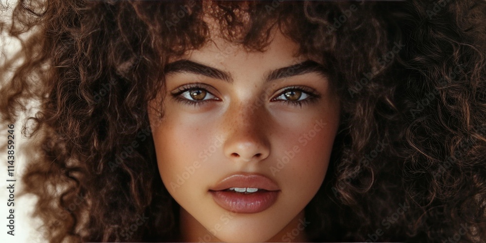 Close up portrait of a beautiful girl showcasing her curly hair. This stunning portrait highlights the girl s curly hair in detail, celebrating the beauty of her unique hairstyle. Close up portrait of a beautiful girl showcasing her curly hair. This stunning portrait highlights the girl s curly hair in detail, celebrating the beauty of her unique hairstyle.