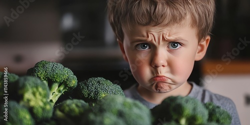 Small boy looking at a bunch of broccoli with a look of disgust, showcasing a child s reaction to broccoli, emphasizing the strong feelings some kids have towards broccoli. photo