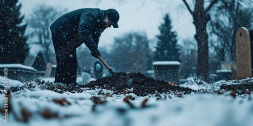 A gravedigger is seen covering a tomb with dirt using a shovel during a burial ceremony, highlighting the somber task of the gravedigger on a cold, snowy winter day.