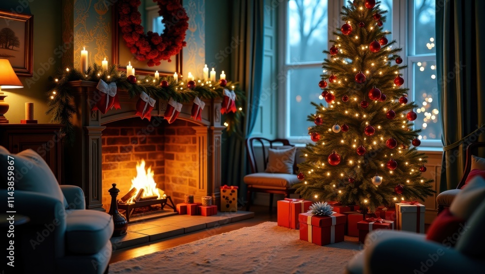 On a serene Christmas night, a warm and cozy fireplace room is set against a soft, velvety blue backdrop, adorned with intricate, gold-patterned wallpaper, dimly lit by the soft glow of candles and th On a serene Christmas night, a warm and cozy fireplace room is set against a soft, velvety blue backdrop, adorned with intricate, gold-patterned wallpaper, dimly lit by the soft glow of candles and th