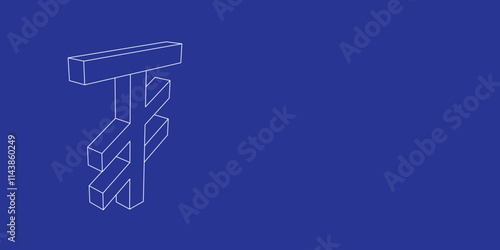 The outline of a large tugrik symbol made of white lines on the left. 3D view of the object in perspective. Vector illustration on indigo background photo