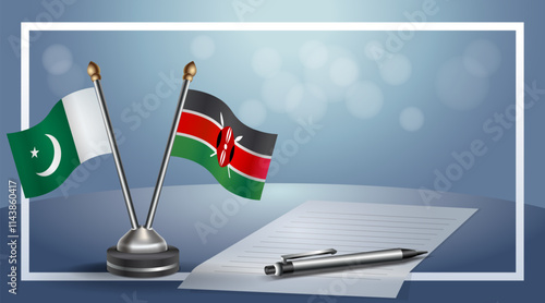 Pakistan and Kenya National flags on small table with bokeh background, cooperative relationship