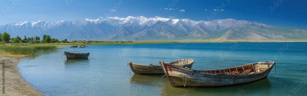 Stunning view of remote Lake Issyk-Kul with wooden boats against majestic Kyrgyzstan mountains Stunning view of remote Lake Issyk-Kul with wooden boats against majestic Kyrgyzstan mountains