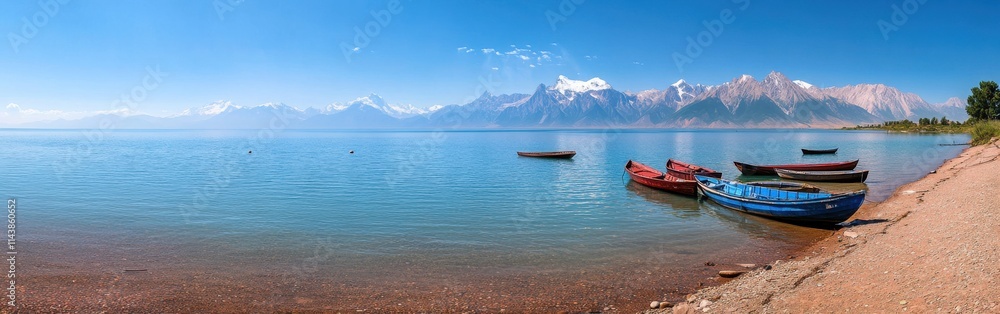 Stunning view of Lake Issyk-Kul surrounded by mountains in Kyrgyzstan with colorful boats on serene waters Stunning view of Lake Issyk-Kul surrounded by mountains in Kyrgyzstan with colorful boats on serene waters