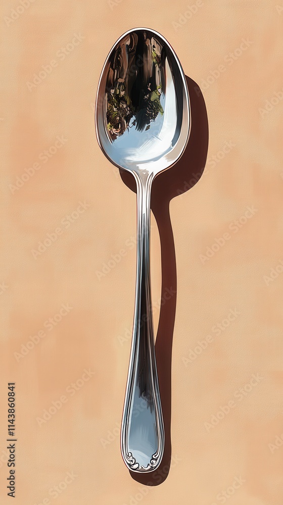 A Detailed Close-up of a Silver Spoon, Highlighting its Exquisite Design and Reflection A Detailed Close-up of a Silver Spoon, Highlighting its Exquisite Design and Reflection