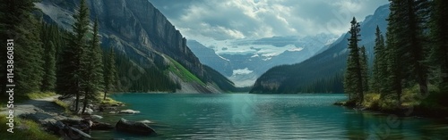 Breathtaking view of turquoise Lake Louise surrounded by majestic mountains in Banff National Park during a serene day