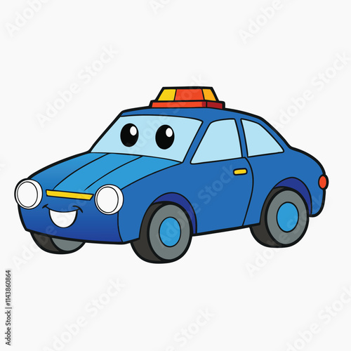 Set of black and blue police car coloured with and without stroke outline. Vector illustration in cartoon childish style. Isolated funny clipart on white background.