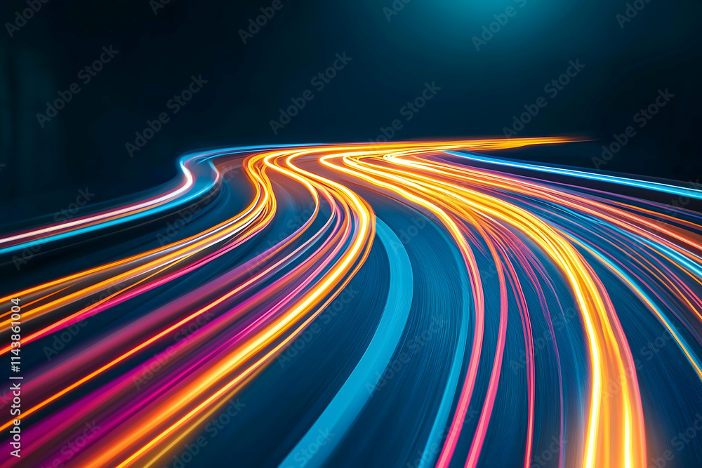 A vibrant long exposure shot capturing colorful light trails on a dark background, suggesting motion and speed. A vibrant long exposure shot capturing colorful light trails on a dark background, suggesting motion and speed.