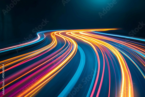 A vibrant long exposure shot capturing colorful light trails on a dark background, suggesting motion and speed.