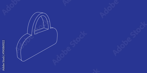 The outline of a large sports bag symbol made of white lines on the left. 3D view of the object in perspective. Vector illustration on indigo background