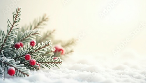 A serene snowy Christmas scene set against a soft, creamy white background, featuring a delicate arrangement of fresh fir twigs adorned with velvety red berries and sparkling snowflakes, surrounded by