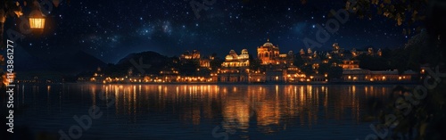 Nighttime tranquility at Lake Pichola with shimmering reflections of illuminated buildings photo