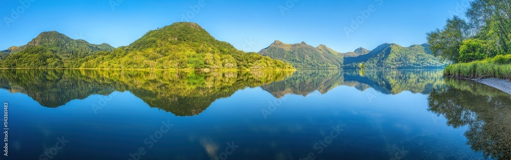 Stunning view of Mirror Lake in New Zealand with a tranquil reflection of lush mountains and clear blue sky Stunning view of Mirror Lake in New Zealand with a tranquil reflection of lush mountains and clear blue sky