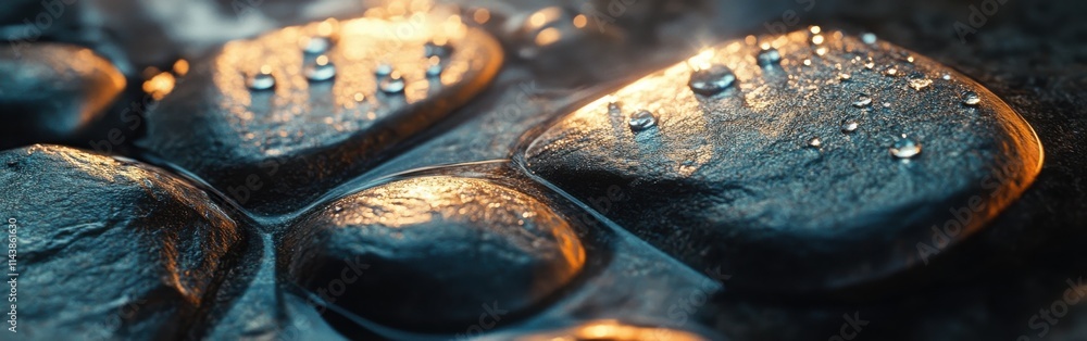 Close-up view of wet river stones illuminated by sunlight in a serene natural setting Close-up view of wet river stones illuminated by sunlight in a serene natural setting