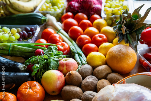 High angle view of various fruits for sale at market stall photo