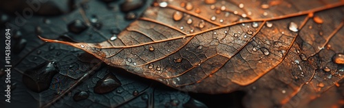 Macro shot of a leaf with raindrops highlighting intricate textures and natural beauty in a tranquil setting photo