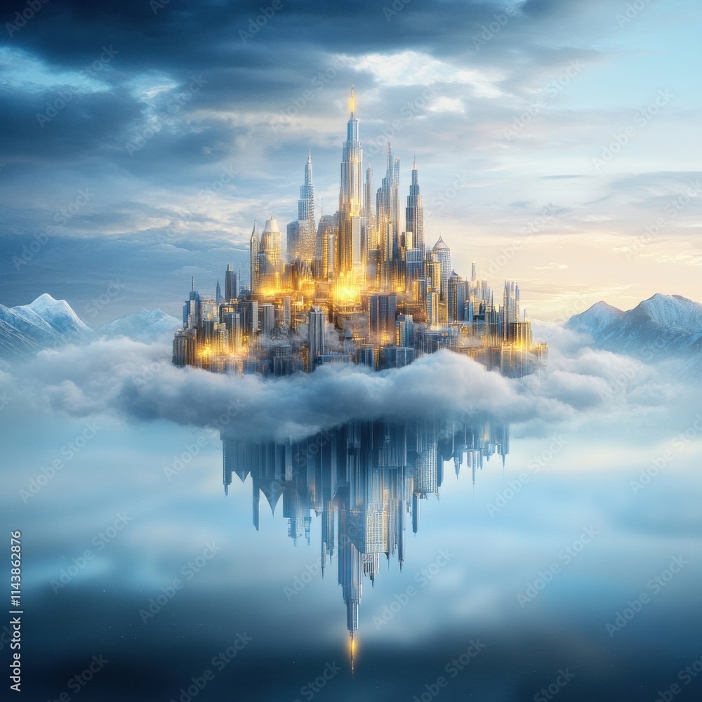 Fototapeta premium Ethereal Floating City in Clouds with Gleaming Skyscrapers Under a Dramatic Sky, Symbolizing Futuristic Architecture and Imagination