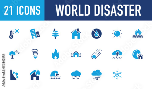 Set of 21 World Disaster icon. Fire, Temperature, Earthquake , Forest Fire, House, Drop, Sunshine, Flood, Windy, Hurricane, Comet, Rain, Mining, House On Fire, Wave, Rain, Cloudy vector.	