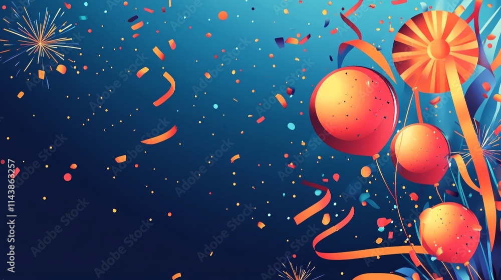 Vibrant celebration graphic with colorful balloons and confetti, creating a festive atmosphere. Vibrant celebration graphic with colorful balloons and confetti, creating a festive atmosphere.