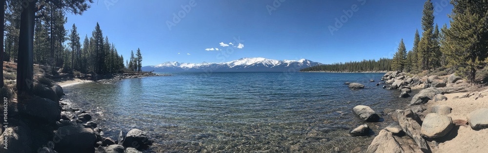 Naklejka premium Deep blue waters of Lake Tahoe reflect the surrounding mountains and trees on a clear summer day