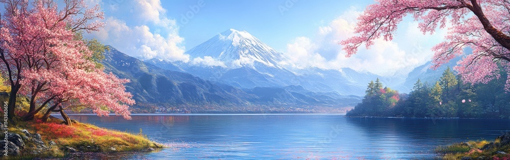 Stunning view of Mount Fuji with cherry blossoms and Lake Kawaguchi in Japan Stunning view of Mount Fuji with cherry blossoms and Lake Kawaguchi in Japan