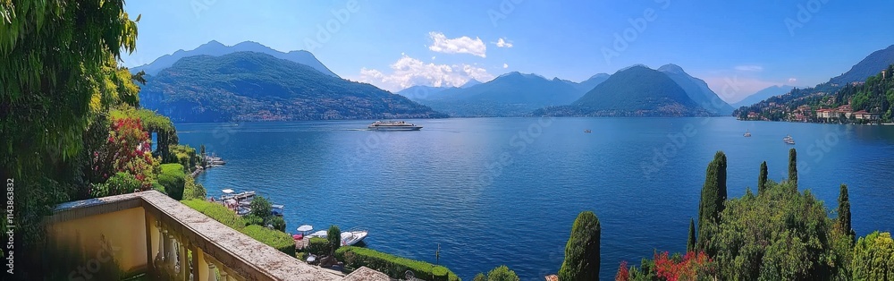 Obraz premium Explore the scenic beauty of Lake Como with luxurious villas and lush landscapes under a vibrant blue sky