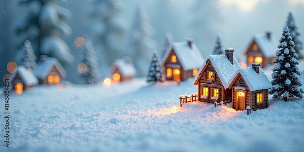 Cozy Winter Village Scene with Illuminated Houses Nestled in a Snowy Landscape Cozy Winter Village Scene with Illuminated Houses Nestled in a Snowy Landscape