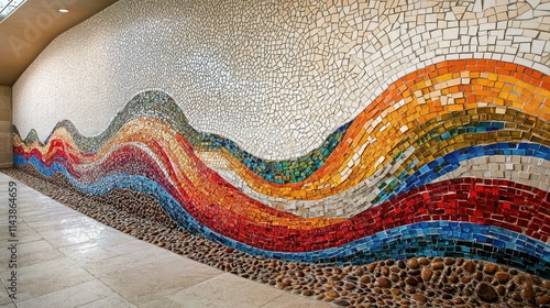 Vibrant Mosaic Wall Art Displaying Flowing Colors and Textures in Community Space, Captivating Design with Earthy and Warm Tones, Artistic Expression in Public Space