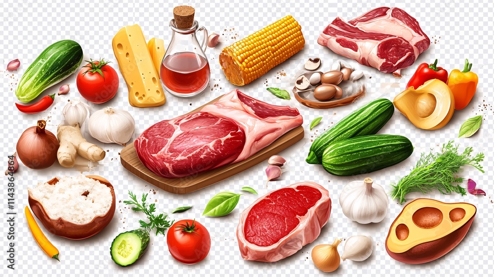 An assortment of fresh ingredients including meats, vegetables, and cheeses, perfect for a hearty meal preparation. An assortment of fresh ingredients including meats, vegetables, and cheeses, perfect for a hearty meal preparation.