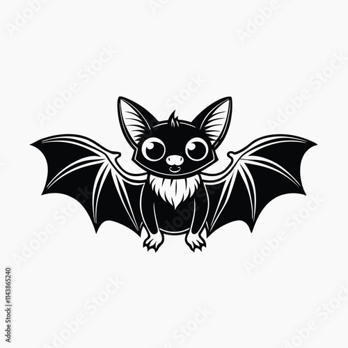 Black silhouette Cute cartoon BAT with wings Vector illustration