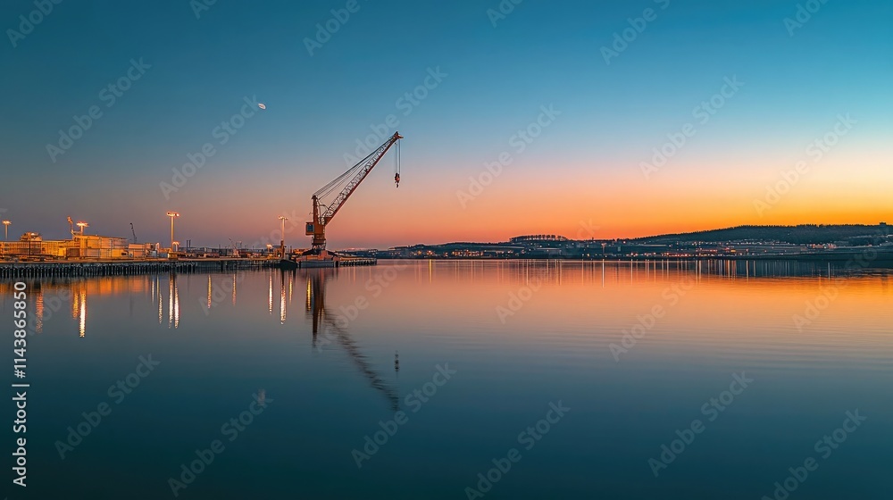 Fototapeta premium Serene Sunset Over Calm Waters Featuring a Construction Crane and Reflections, Industrial Landscape with Vibrant Sky Colors and Gentle Moonlight
