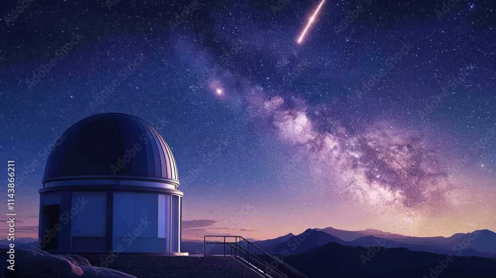 Observatory dome at night under a vibrant Milky Way galaxy with a shooting star. Observatory dome at night under a vibrant Milky Way galaxy with a shooting star.