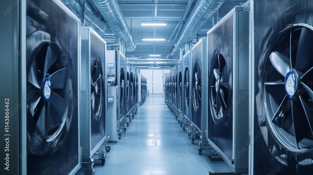 Industrial cooling system with many large fans in a row in a cleanroom. Industrial cooling system with many large fans in a row in a cleanroom.