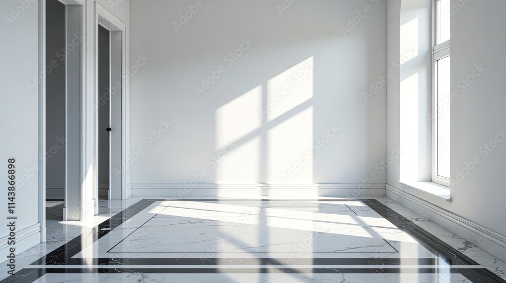 Fototapeta premium Sunlit Empty Room with Marble Floor and White Walls