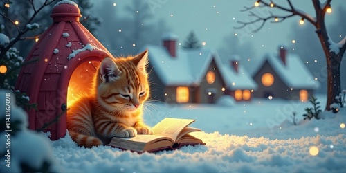 Ginger kitten reading a book in a cozy winter house, nestled in the snow with soft lighting and a magical snowy background