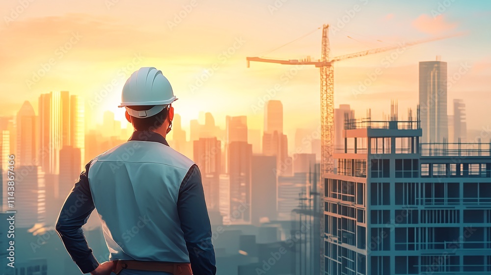 A male construction worker enjoying a sunset view over a city skyline, symbolizing progress and future development. A male construction worker enjoying a sunset view over a city skyline, symbolizing progress and future development.
