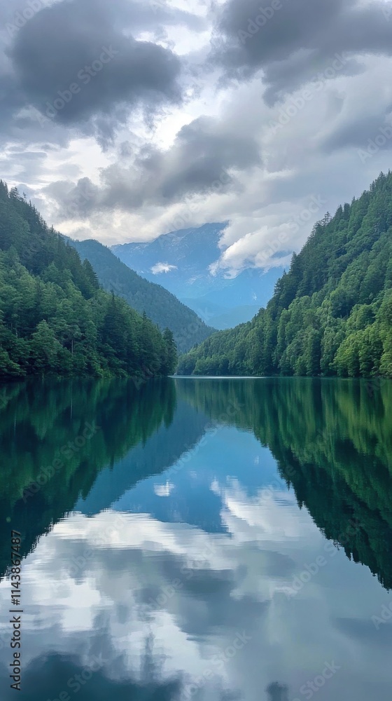 Fototapeta premium Deep blue Lake Ritsa in Abkhazia reflects mountains and clouds on a serene day