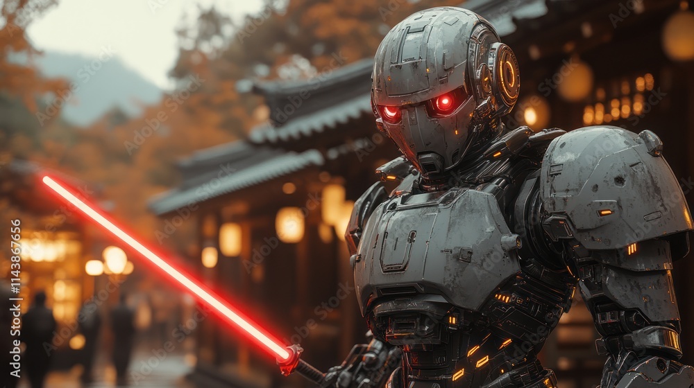 Fototapeta premium Futuristic robot with red lightsaber stands in a Japanese temple setting.