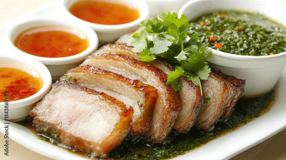 Deliciously Prepared Sliced Pork Belly Served with Fresh Herbs and Sweet Sauces in an Elegant Plate Presentation Deliciously Prepared Sliced Pork Belly Served with Fresh Herbs and Sweet Sauces in an Elegant Plate Presentation