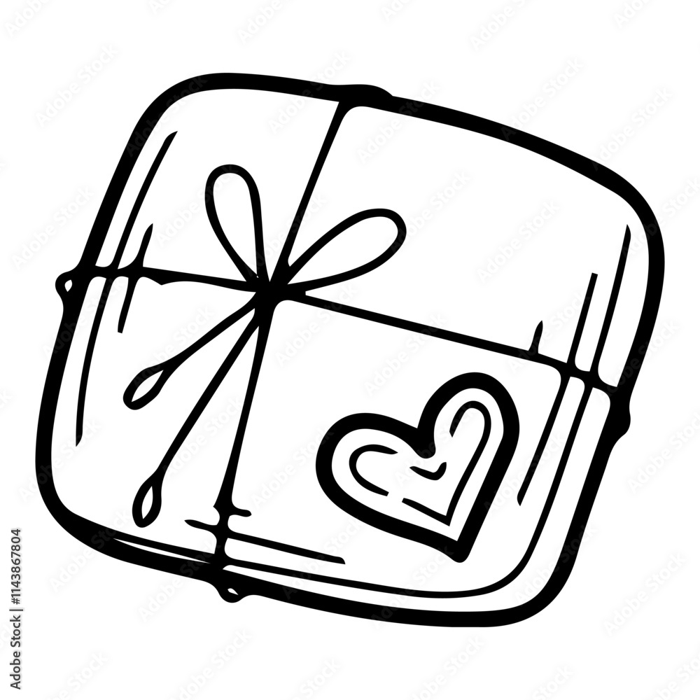 Gift box in wrapping paper hand drawn doodle. Present for holiday. Congratulation surprise. Packaging. Decorative ribbon. Celebration with love. Vector line art illustration. Gift box in wrapping paper hand drawn doodle. Present for holiday. Congratulation surprise. Packaging. Decorative ribbon. Celebration with love. Vector line art illustration.