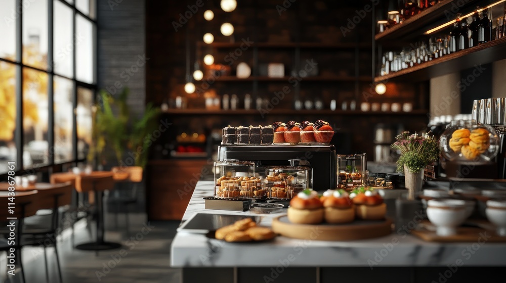 Elegant Bakery Cafe Interior with Delicious Pastries and Coffee Elegant Bakery Cafe Interior with Delicious Pastries and Coffee