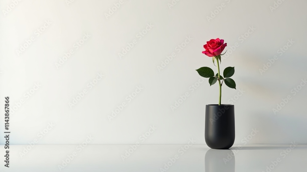 Fototapeta premium Single red rose in a simple black vase against a minimalist white background