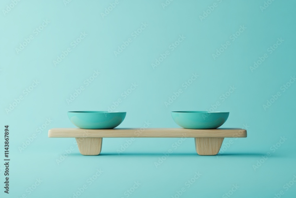 A minimalist wooden balance scale with two turquoise pans placed against a seamless light blue background A minimalist wooden balance scale with two turquoise pans placed against a seamless light blue background