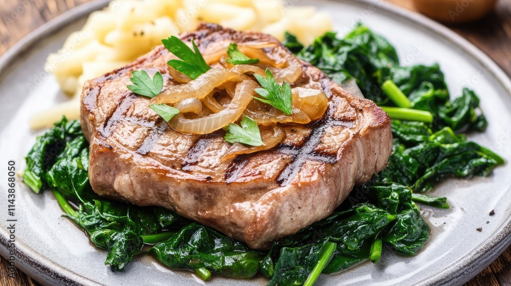 Juicy Grilled Steak Served on a Bed of Fresh Spinach with Sautéed Onions and a Side of Creamy Pasta for a Delicious Gourmet Meal Juicy Grilled Steak Served on a Bed of Fresh Spinach with Sautéed Onions and a Side of Creamy Pasta for a Delicious Gourmet Meal