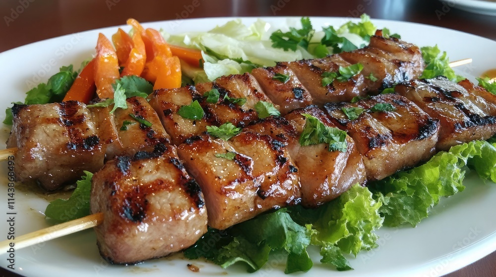 Grilled Meat Skewers Garnished with Fresh Herbs and Vegetables on a White Plate, Showcasing a Delicious and Flavorful Dish Perfect for Any Occasion Grilled Meat Skewers Garnished with Fresh Herbs and Vegetables on a White Plate, Showcasing a Delicious and Flavorful Dish Perfect for Any Occasion