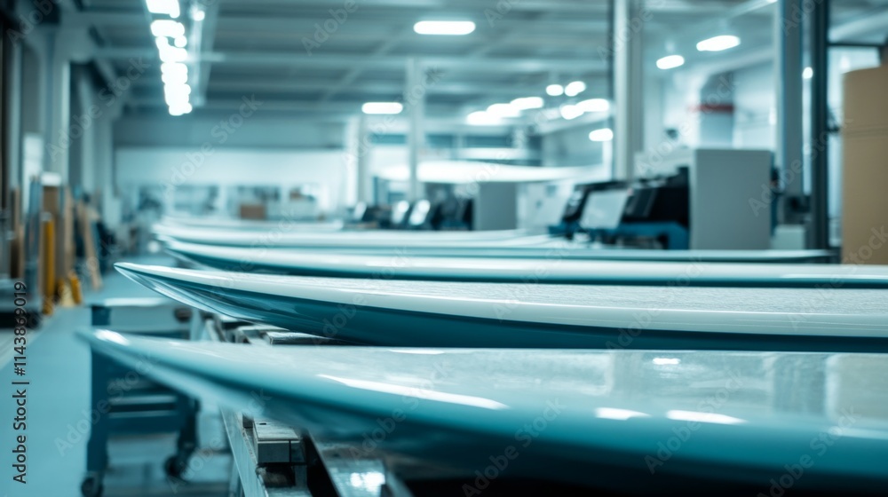 Rows of finished surfboards in a factory. Rows of finished surfboards in a factory.