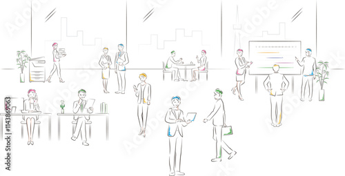 オフィス内で働くビジネスワーカー達の風景をまとめたイラストセット