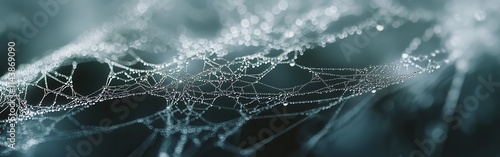 Intricate spiderweb adorned with droplets at dawn in a serene natural setting photo