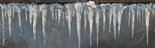 Close-up view of winter icicles hanging from the edge of a roof in a cold environment photo