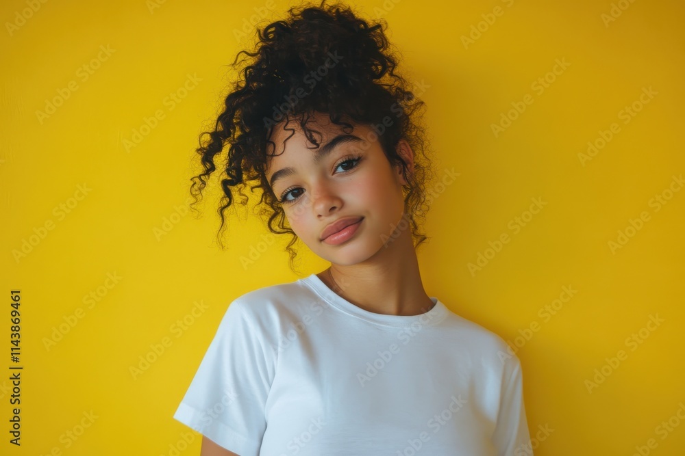 A portrait of a young girl with curly hair styled in a high bun, wearing a plain white t-shirt. She stands against a vibrant yellow background A portrait of a young girl with curly hair styled in a high bun, wearing a plain white t-shirt. She stands against a vibrant yellow background